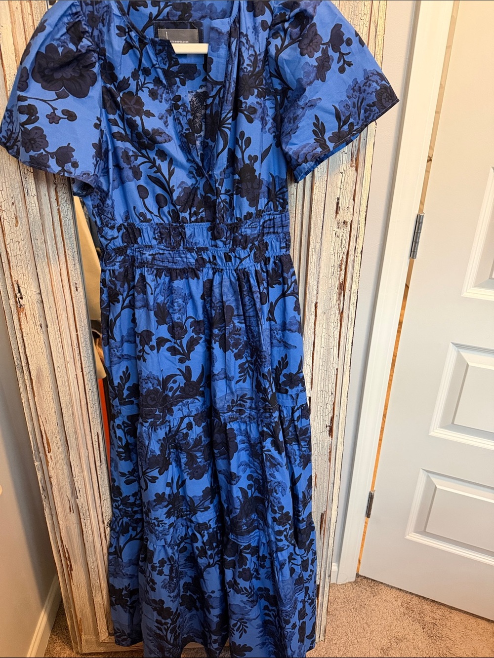 Anthropologie Blue Maxi Dress with Black Floral Motif